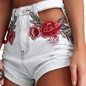The Kript Embroidered Denim Shorts – Floral Cut-Out, Small